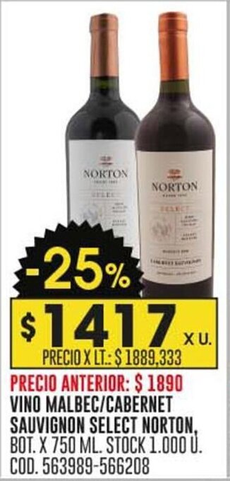 Coto VINO MALBEC/CABERNET SAUVIGNON SELECT NORTON, BOT. X 750 ML. oferta