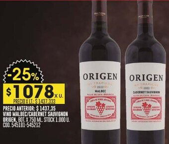Coto VINO MALBEC/CABERNET SAUVIGNON ORIGEN, BOT. X 750 ML. oferta
