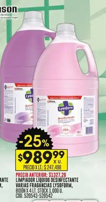 Coto LIMPIADOR LIQUIDO DESINFECTANTE VARIAS FRAGANCIAS LYSOFORM, BIDON X 4 LT. STOCK 1.000 U. COD.520543-520542 oferta
