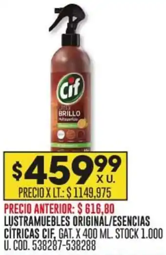 Coto LUSTRAMUEBLES ORIGINAL/ESENCIAS CITRICAS CIF, GAT. X 400 ML. STOCK 1.000 U. COD. 538287-538288 oferta