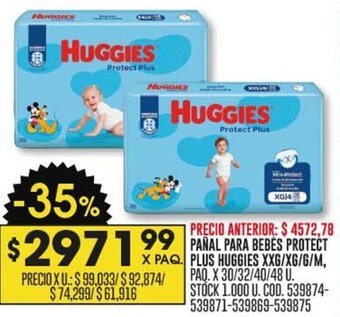 Coto PAÑAL PARA BEBÉS PROTECT PLUS HUGGIES XXG/XG/G/M, PAQ. X 30/32/40/48 U. oferta