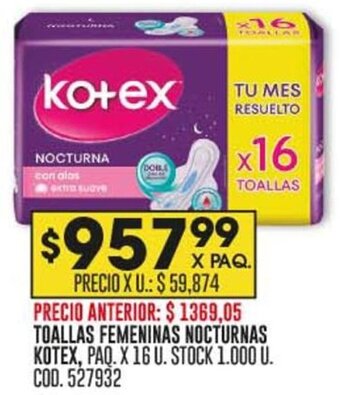 Coto TOALLAS FEMENINAS NOCTURNAS KOTEX, PAQ. X 16 U. oferta