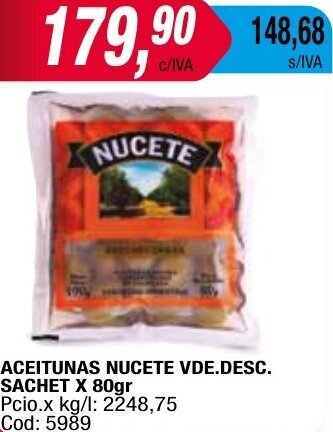 Maxiconsumo ACEITUNAS NUCETE VDE.DESC. SACHET X 80gr oferta