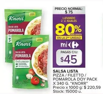 Carrefour Knorr Salsa Lista Pizza/Filetto/Pomarola Doy Pack x 340 g oferta