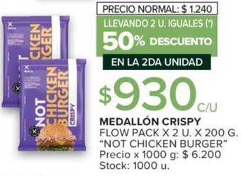 Carrefour MEDALLÓN CRISPY FLOW PACK X 2 U. X 200 G. "NOT CHICKEN BURGER" oferta