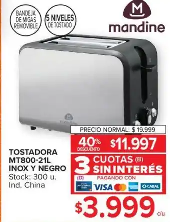 Carrefour TOSTADORA MT800-21L INOX Y NEGRO Stock: 300 u. Ind. China oferta