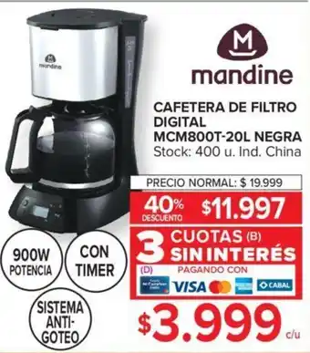 Carrefour M mandine CAFETERA DE FILTRO DIGITAL MCM800T-20L NEGRA oferta