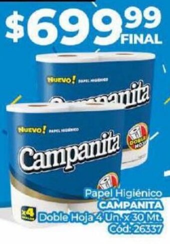 Diarco Papel Higiénico CAMPANITA Doble Hoja 4 Un x 30 Mt. Cod: 26337 oferta