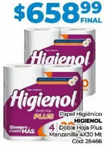 Diarco Papel Higiénico HIGIENOL Doble Hoja Plus Manzanilla 4X30 Mt oferta