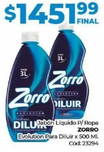 Diarco Jabón Líquido P/ Ropa ZORRO Evolution Para Diluir x 500 MI. Cód: 23294 oferta