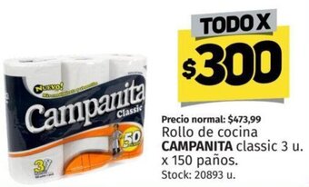 Rollo de cocina CAMPANITA classic 3 u. x 150 paños.