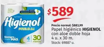 Papel higiénico HIGIENOL con aloe doble hoja 4u x 30m