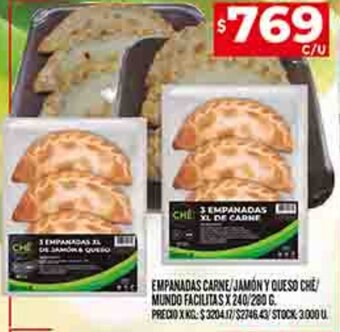 Supermercados DIA EMPANADAS CARNE/JAMÓN Y QUESO CHE MUNDO FACILITAS X 240/280 G. oferta