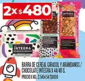 Supermercados DIA BARRA DE CEREAL GIRASOL Y ARÁNDANOS/ CHOCOLATE INTEGRA X 44/40 G. oferta