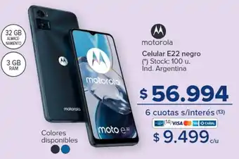 Carrefour motorola motorola Celular E22 negro (*) Stock: 100 u. Ind. Argentina oferta