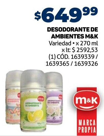 Makro DESODORANTE DE AMBIENTES M&K Variedad x 270 ml oferta