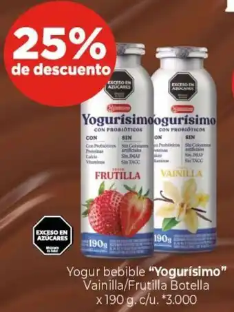 La Anonima Yogur bebible "Yogurísimo" Vainilla/Frutilla Botella x 190 g. c/u. *3.000 oferta