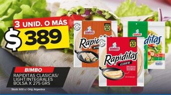 Carrefour Maxi Rapiditas bimbo clasicas/light/integrales x 275g oferta