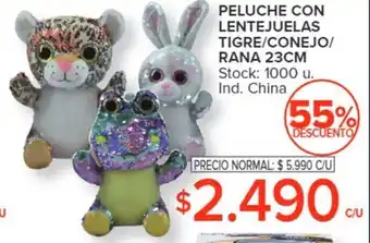 Carrefour PELUCHE CON LENTEJUELAS TIGRE / CONEJO / RANA 23CM oferta