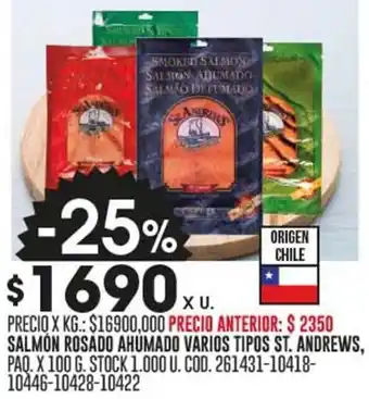 Coto SALMON ROSADO AHUMADO VARIOS TIPOS ST. ANDREWS, PAQ. X 100 G. oferta