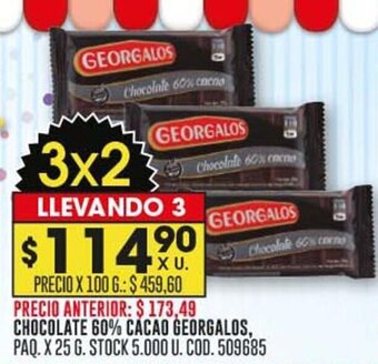 Coto CHOCOLATE 60% CACAO GEORGALOS, PAQ. X 25 G. LLEVANDO 3 oferta