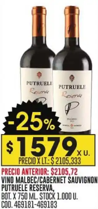 Coto VINO MALBEC / CABERNET SAUVIGNON PUTRUELE RESERVA, BOT. X 750 ML. oferta