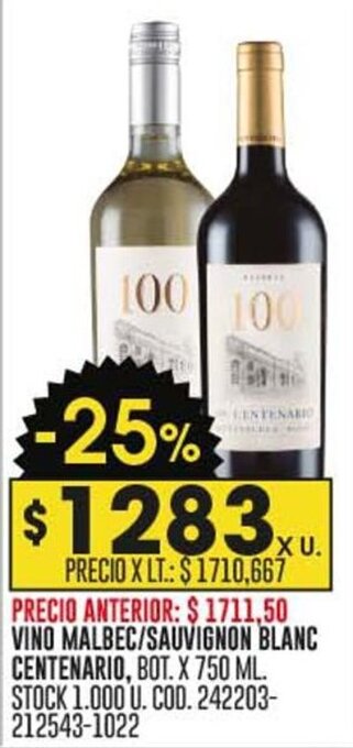 Coto VINO MALBEC / SAUVIGNON BLANC CENTENARIO, BOT. X 750 ML. oferta