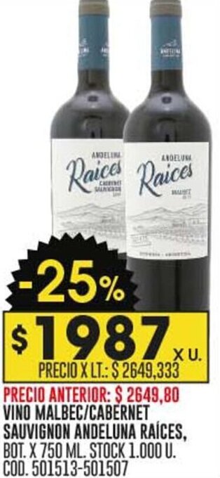 Coto VINO MALBEC / CABERNET SAUVIGNON ANDELUNA RAÍCES, BOT. X 750 ML. oferta
