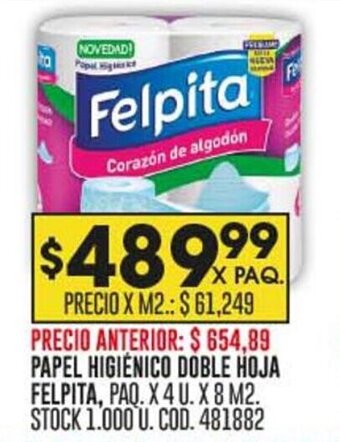 Coto PAPEL HIGIENICO DOBLE HOJA FELPITA, PAQ. X 4 U. X 8 M2 oferta