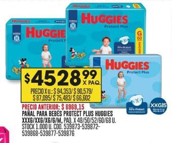 Coto PAÑAL PARA BEBÉS PROTECT PLUS HUGGIES XXXG/XXG/XG/G/M, PAQ. X 48/50/52/60/68 U. oferta