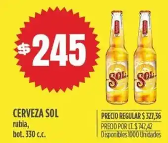 Supermercados Vea CERVEZA SOL rubia, bot. 330 c.c. oferta