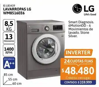 Cetrogar Lavarropas wm8516ee6 inverter 8.5 kg 1400rpm silver lg oferta