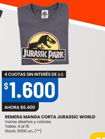Changomas Remera manga corta jurassic world oferta
