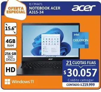 Cetrogar Notebook acer a315-34 cel 15.6 hd 4gb 500hd w11 oferta
