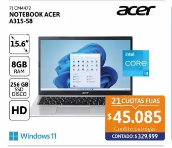 Cetrogar Notebook acer a315-58 15.6 hd 8gb 256gb w11 oferta