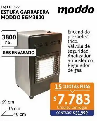 Cetrogar Estufa garrafera moddo egm3800 k/c oferta