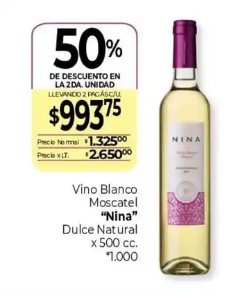 Vino Blanco Moscatel "Nina" Dulce Natural x 500 cc. *1.000