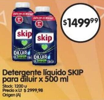 Supermercados Buenos Días Detergente líquido SKIP para diluir x 500 ml oferta