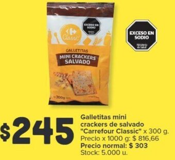 Carrefour Galletitas mini crackers de salvado "Carrefour Classic" x 300 g. oferta