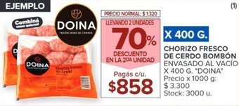 Carrefour CHORIZO FRESCO DE CERDO BOMBÓN ENVASADO AL VACÍO X 400 G. "DOINA" oferta