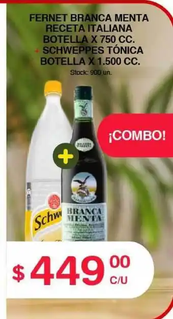 Branca Menta Fernet Receta Italiana Botella X 750 Cc. + Schweppes Tónica Botella x 1.500 cc.