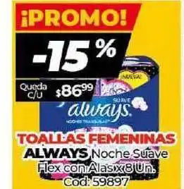 Always Toallas Femeninas Noche Suave Flex con Alas x 8 Un.