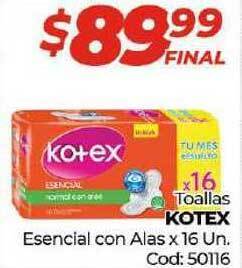 Diarco Kotex Toallas Esencial con Alas x 16 Un. oferta