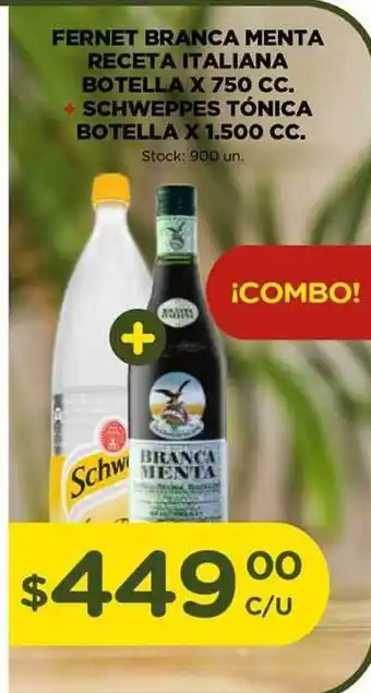 Super MAMI Branca Menta Fernet Receta Italiana Botella x 750 cc. + Schweppes Tónica Botella x 1.500 cc. oferta
