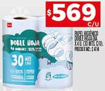 Supermercados DIA PAPEL HIGIENICO DOBLE HOJA DIA X4U. (30 MTS. C/U). oferta