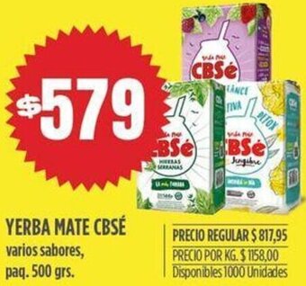 Supermercados Vea YERBA MATE CBSÉ varios sabores, paq. 500 grs. oferta