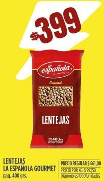 Supermercados Vea LENTEJAS LA ESPAÑOLA GOURMET PRECIO POR KG. $997,50 paq. 400 grs. oferta