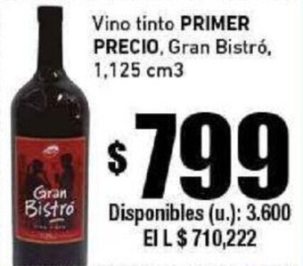 Cooperativa Obrera Vino tinto PRIMER PRECIO, Gran Bistró, 1,125 cm3 oferta