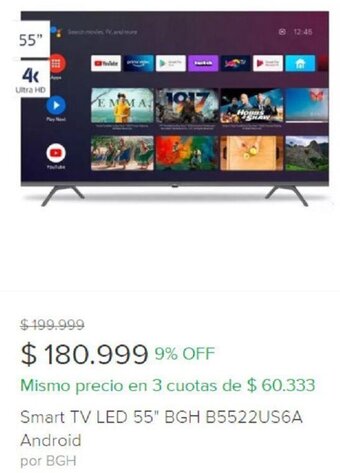 Smart TV LED 55" BGH B5522US6A Android por BGH