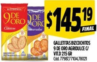 Supermercados Yaguar GALLETITAS BIZCOCHITOS 9 DE ORO AGRIDULCE C/ VIT.D 215 GR oferta
